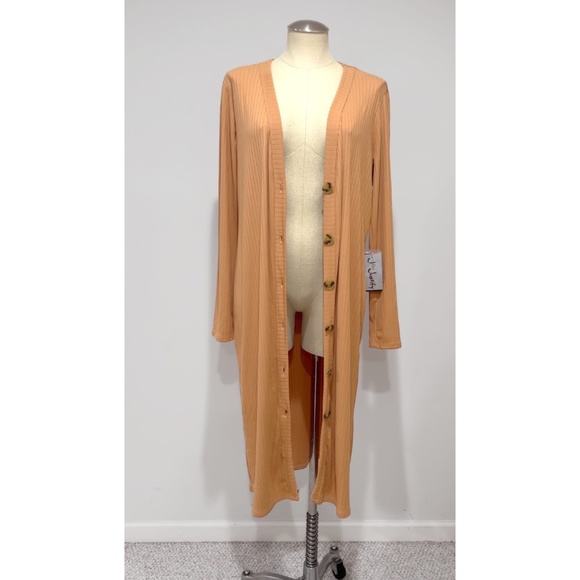 J For Justify Women's Camel Ribbed Long Sleeve Button Up Maxi Cardigan Size XL - Picture 3 of 8